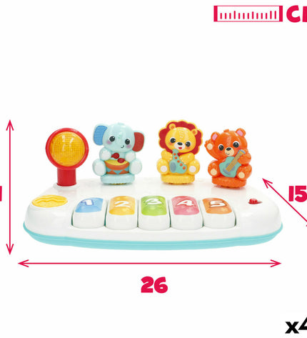 Set of four Winfun toy pianos, colorful mini musical instruments for children, measuring 26x11x15 cm each.
