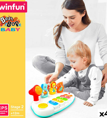 Set of four Winfun toy pianos, colorful mini musical instruments for children, measuring 26x11x15 cm each.