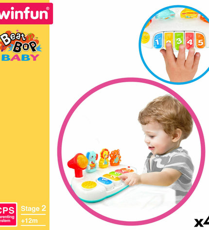 Four Winfun toy pianos, colorful mini musical instruments for children, measuring 26x11x15 cm, ideal for kids' play and learning.