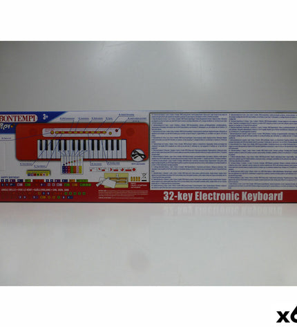 Six Bontempi toy keyboards, colorful plastic musical instruments for children, measuring 47x3.5x13 cm each, with icons on the keys.