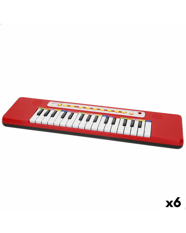 Six Bontempi toy keyboards, colorful plastic musical instruments for children, measuring 47x3.5x13 cm each.