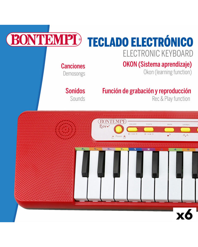 Set of six Bontempi toy keyboards, 47x3.5x13 cm, colorful plastic musical instruments for children to play and learn music.