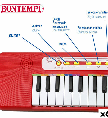 Six Bontempi toy keyboards arranged in a row, colorful plastic musical instruments for children, measuring 47 x 3.5 x 13 cm.