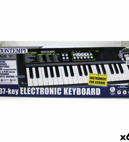 Six Bontempi electronic toy pianos, colorful children's music instruments, 42x4x15 cm, suitable for young kids' play and learning.