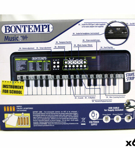 Six Bontempi electronic toy pianos with colorful keys, measuring 42x4x15 cm, designed for children's musical play.
