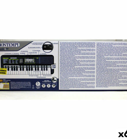 Six Bontempi electronic toy pianos, colorful mini musical instruments for children, measuring 42x4x15 cm each, ideal for young learners.