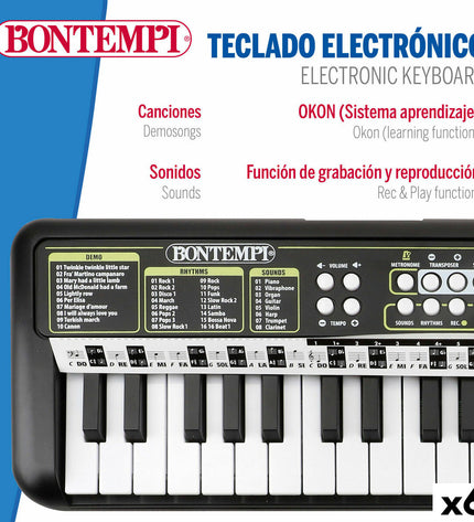 Set of six Bontempi electronic toy pianos, compact 42x4x15 cm, colorful music instruments for children.