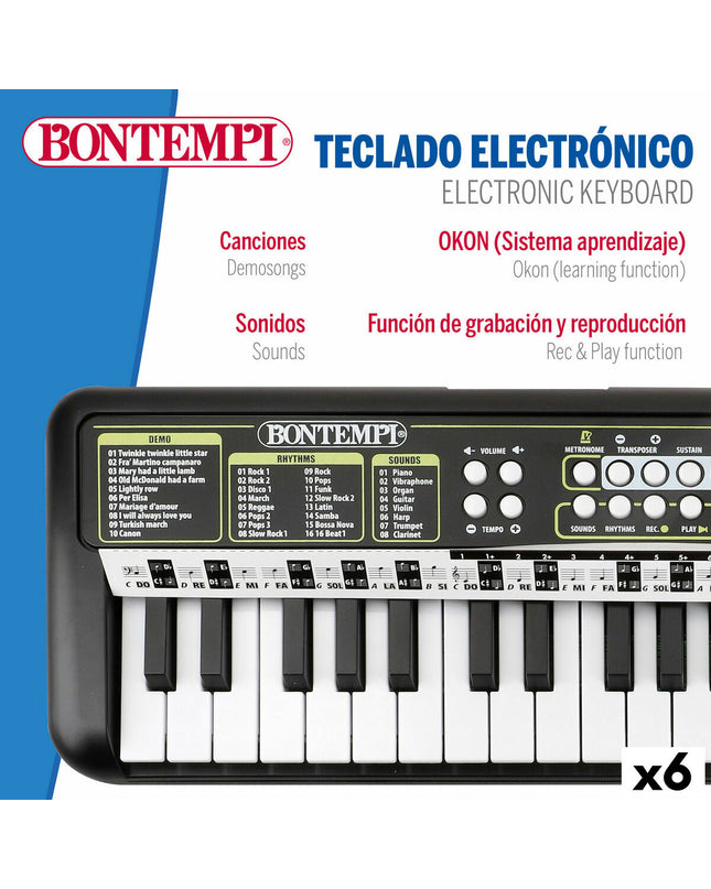 Set of six Bontempi electronic toy pianos, compact 42x4x15 cm, colorful music instruments for children.