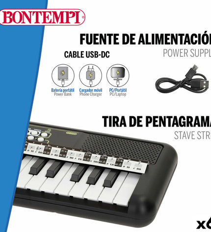 Six Bontempi electronic toy pianos with colorful keys, suitable for children, measuring 42x4x15 cm each.