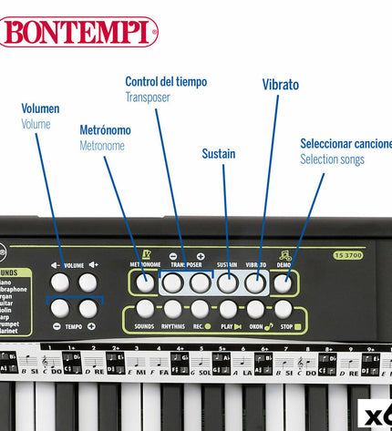 Six Bontempi electronic toy pianos, 42x4x15 cm, colorful musical instruments for children, perfect for play and learning music.