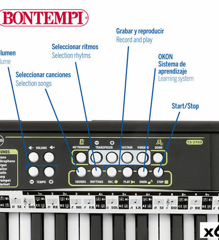 Six Bontempi electronic toy pianos, colorful mini musical instruments for children, 42x4x15 cm, ideal for kids' play and learning music.