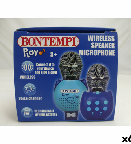 Six colorful Bontempi karaoke microphones, electronic toy for kids, designed for singing and musical play.