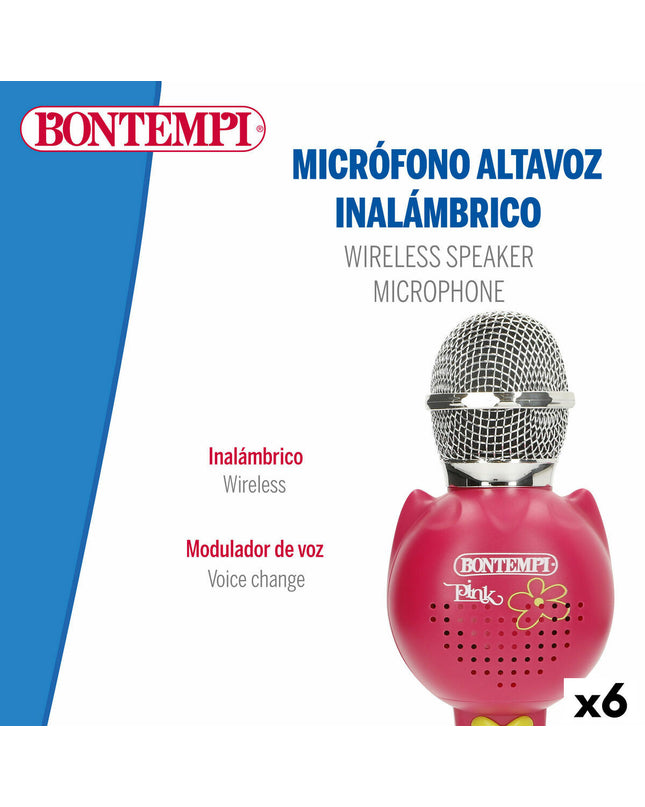 Set of six Bontempi karaoke microphones, colorful electronic toy microphones for kids' singing and play.