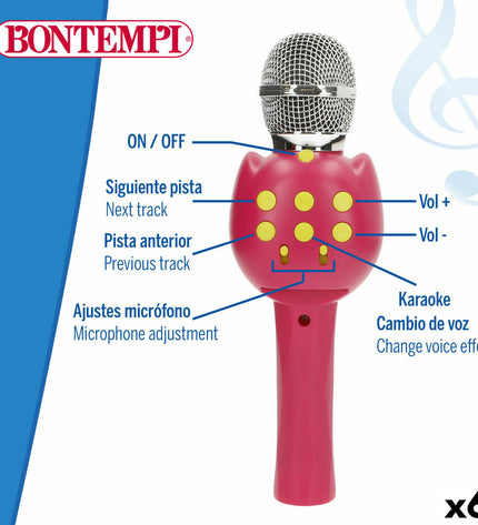 Six Bontempi karaoke microfoon toys, colorful electronic play microphones for kids, perfect for singing and musical fun.