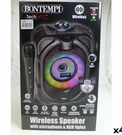 Set of four Bontempi electronic toys featuring colorful speakers with karaoke microphones for kids' play and singing fun.