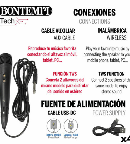 Set of four Bontempi electronic toy speakers with karaoke microphones, colorful and designed for kids' play and singing activities.