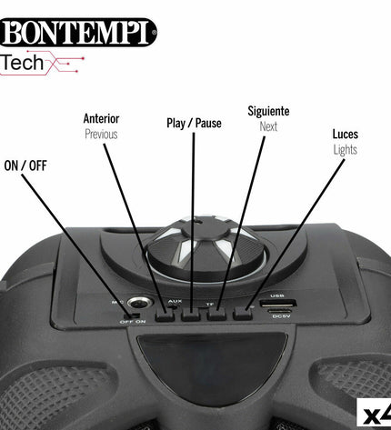 Set of four Bontempi electronic toy speakers with karaoke microphones, colorful and fun for kids' play and singing activities.