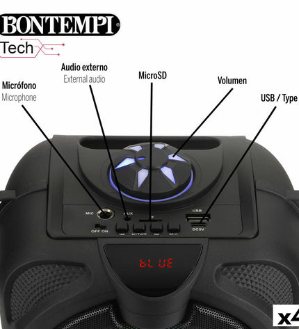 Set of four Bontempi electronic toy speakers with karaoke microphones, colorful and designed for kids' play and entertainment.