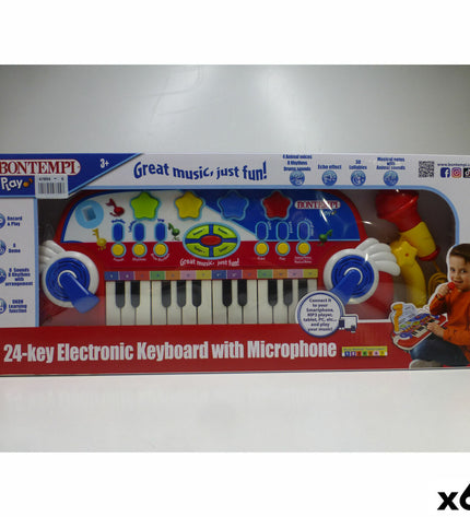 Six Bontempi electronic toy pianos, 38x18x17 cm, designed for children, featuring colorful keys and compact size.