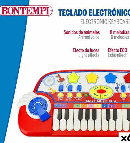Six Bontempi electronic toy pianos with colorful keys, each measuring 38x18x17 cm, designed for children's musical play.