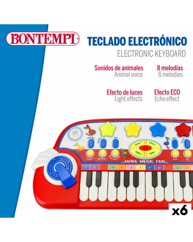 Six Bontempi electronic toy pianos with colorful keys, each measuring 38x18x17 cm, designed for children's musical play.