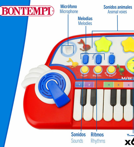 Six Bontempi electronic toy pianos for kids, measuring 38x18x17 cm, featuring colorful keys and playful design.