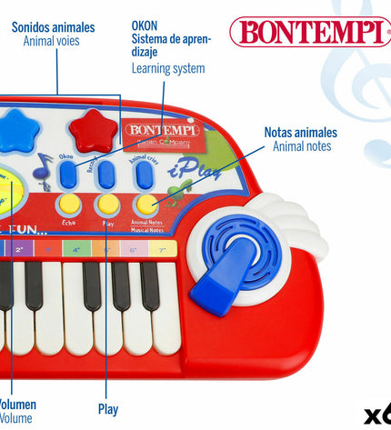 Six Bontempi electronic toy pianos for children, measuring 38x18x17 cm, with colorful keys and playful design.