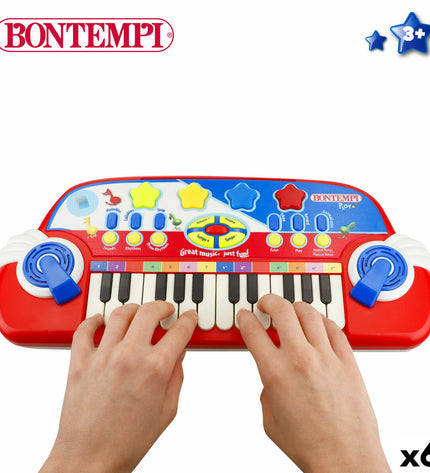 Set of six Bontempi electronic toy pianos, small colorful musical instruments for children, measuring 38 x 18 x 17 cm each.