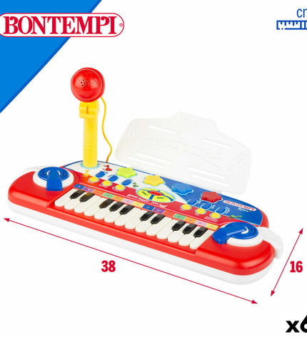 Six Bontempi electronic toy pianos, compact 38x18x17 cm, colorful musical instruments for children, ideal for young learners.