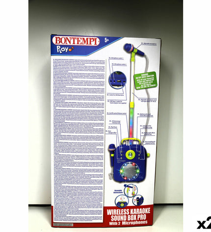 Two Bontempi electronic toys featuring speakers with karaoke microphones, colorful plastic design, perfect for kids' singing play.