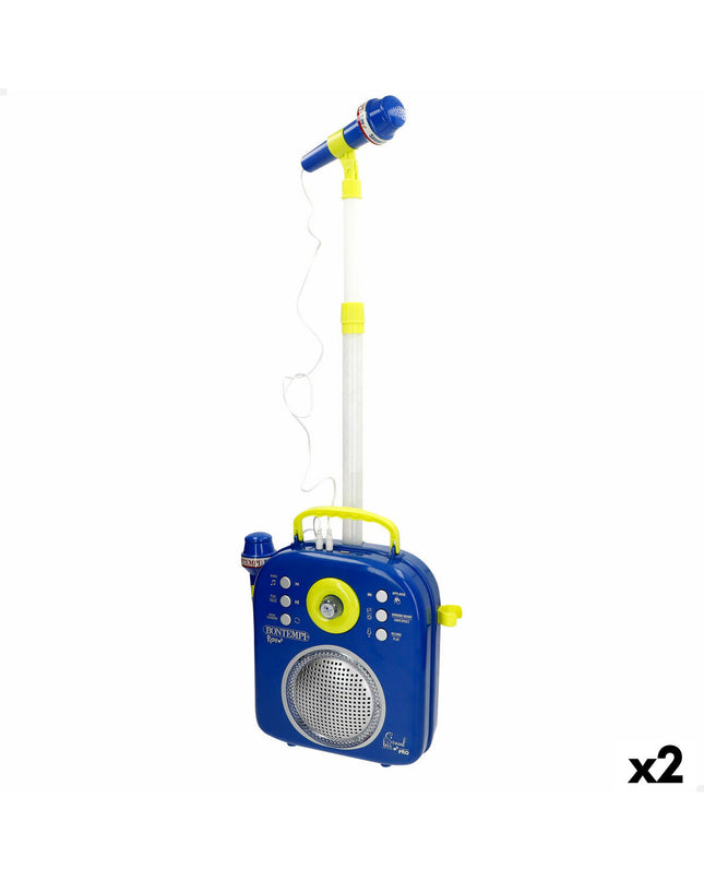 Pair of Bontempi electronic toy speakers with karaoke microphones, featuring colorful, plush-bonneted designs for kids' entertainment.