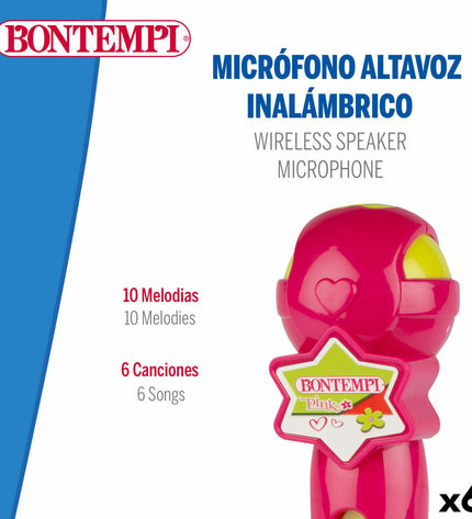 Colorful Bontempi toy microphone for kids, with playful design and buttons, used for pretend play and musical fun.