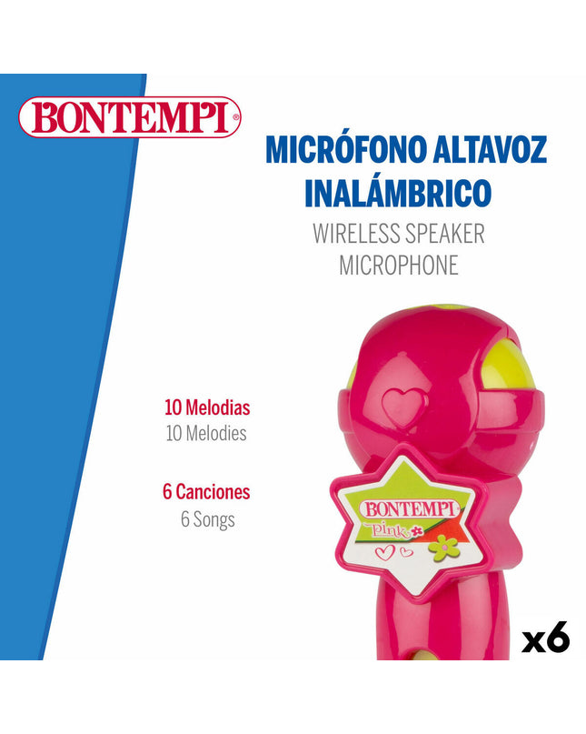 Colorful Bontempi toy microphone for kids, with playful design and buttons, used for pretend play and musical fun.