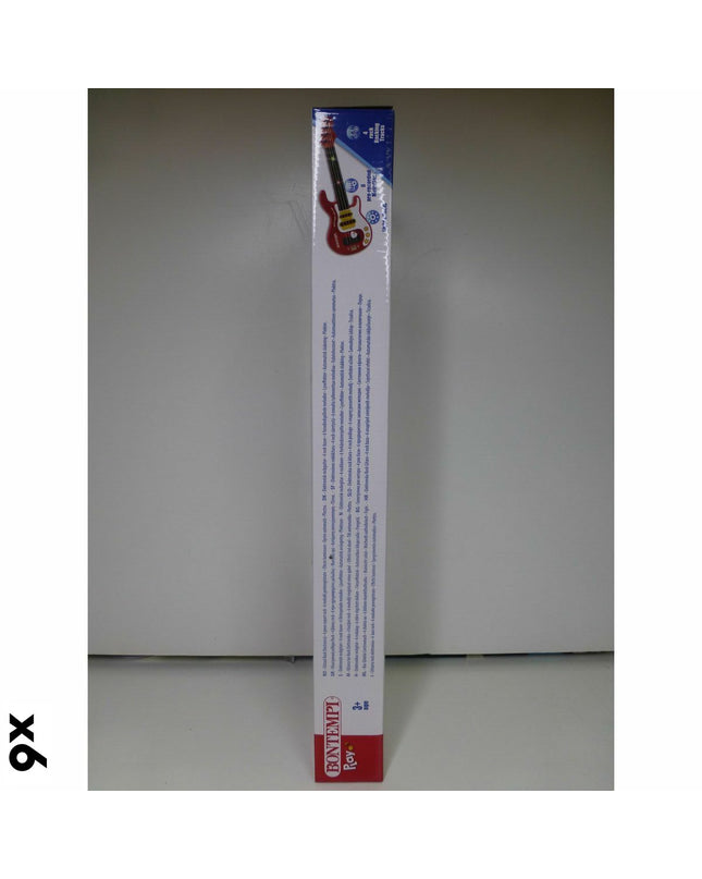 Set of six Bontempi kindergarten guitars in colorful plastic, 17x51x5 cm, designed for children's music play and learning.