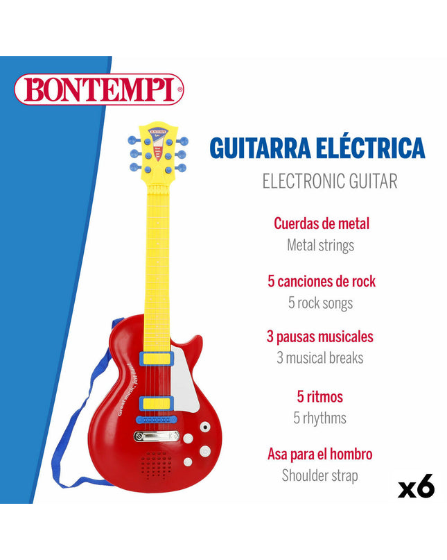 Set of six Bontempi children's toy guitars, colorful plastic musical instruments for kids, 20 x 56 x 4 cm each.