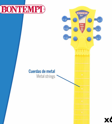 Set of six Bontempi toy guitars, colorful plastic children's musical instruments, 20 x 56 x 4 cm size for kids' play and music fun.
