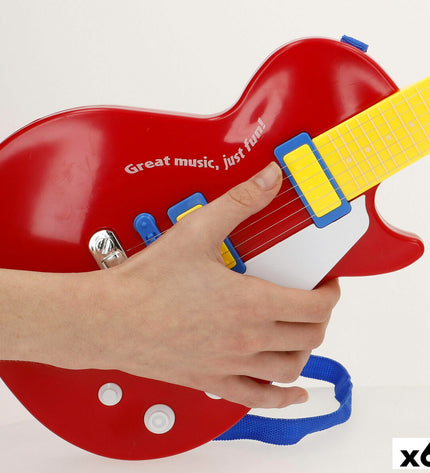 Set of six Bontempi toy guitars, colorful mini musical instruments for children, measuring 20x56x4 cm each.