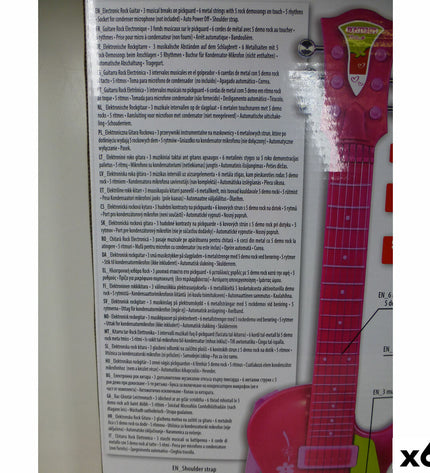 Set of six Bontempi children's toy guitars, colorful plastic with 20x56x4 cm size, ideal for kids' musical play and games.