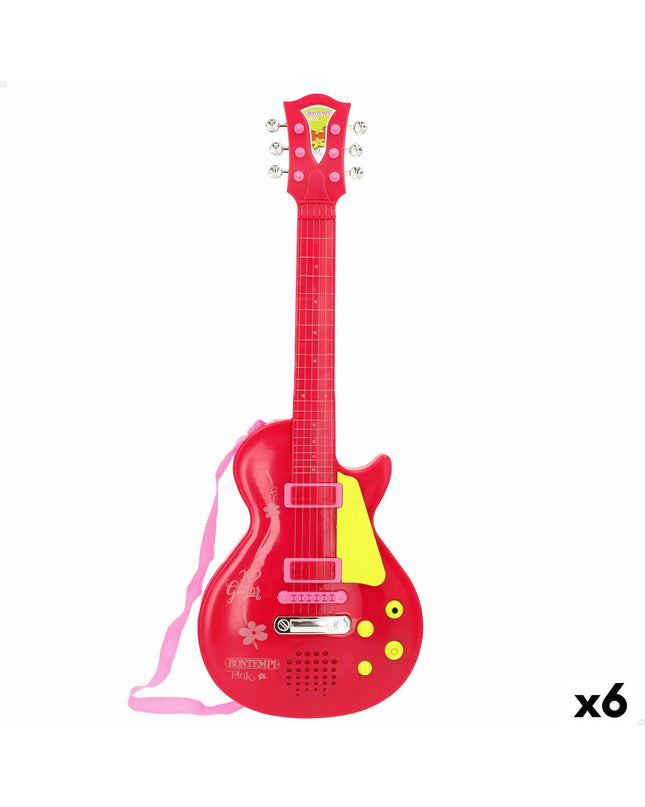 Set of six Bontempi children's toy guitars, colorful plastic musical instruments for kids, 20x56x4 cm, ideal for young musicians.