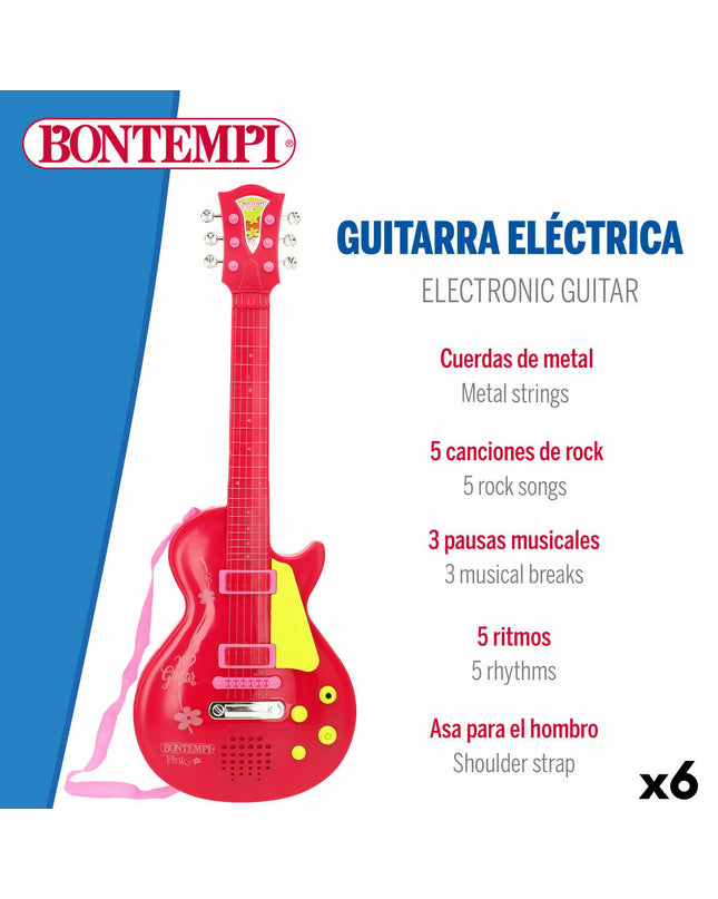 Set of six Bontempi children's toy guitars, colorful mini musical instruments for kids, measuring 20 x 56 x 4 cm each.