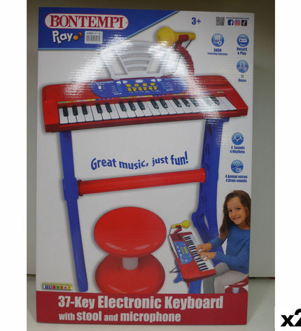 Two colorful Bontempi toy pianos for children, measuring 43x56x23 cm, featuring bright keys and playful design.