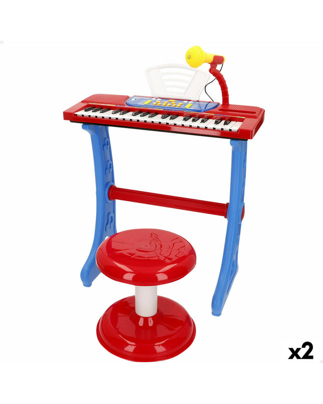 Two colorful Bontempi toy pianos, 43x56x23 cm, designed for children, with vibrant keys and playful features.