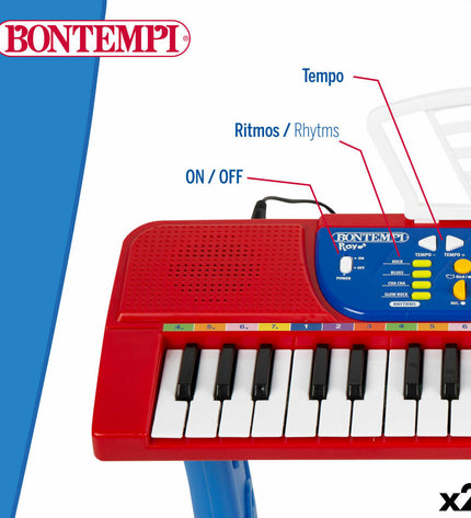 Two Bontempi toy pianos for children, colorful plastic musical instruments, measuring 43x56x23 cm, ideal for young learners.