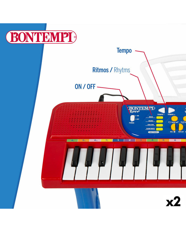 Two Bontempi toy pianos for children, colorful plastic musical instruments, measuring 43x56x23 cm, ideal for young learners.