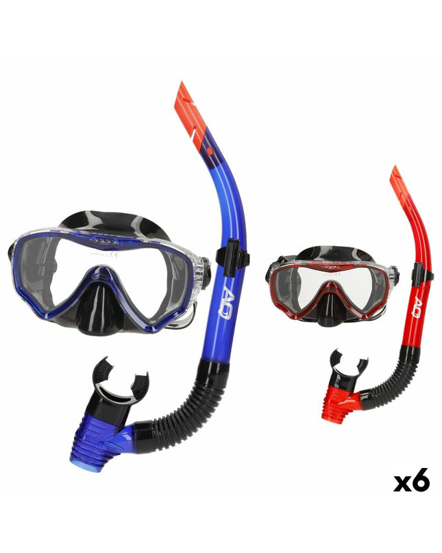 Set of six AquaSport children's snorkel masks and snorkel tubes in blue and red for water sports and outdoor swimming activities.