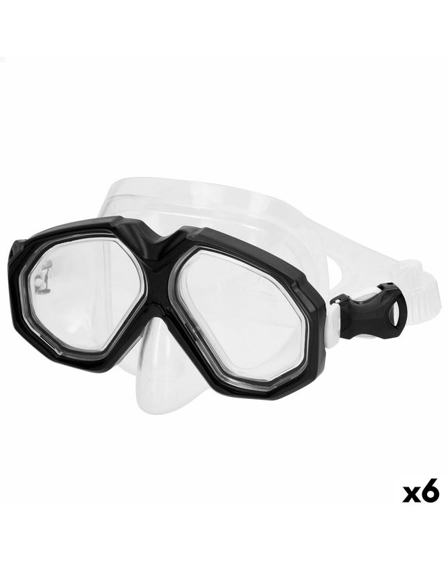 Six AquaSport black diving masks for watersport and outdoor activities, featuring adjustable straps and durable design.