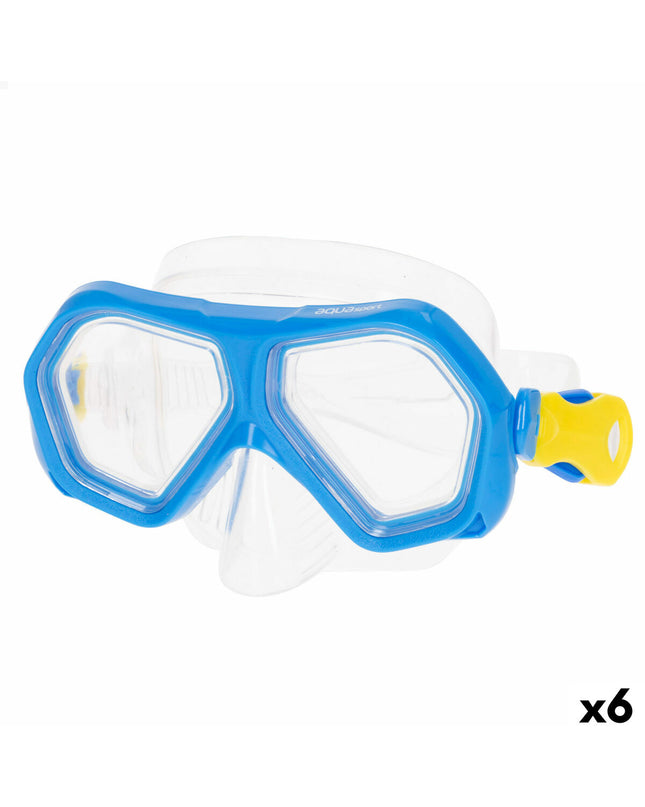 AquaSport blue diving goggles for water sports, six-piece set, adjustable strap and clear lenses for outdoor aquatic activities.
