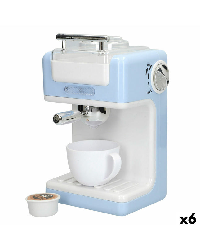 Set of six BigBuy Kids toy coffee machines, pretend play kitchen accessories for kids, colorful and realistic miniature coffee makers.
