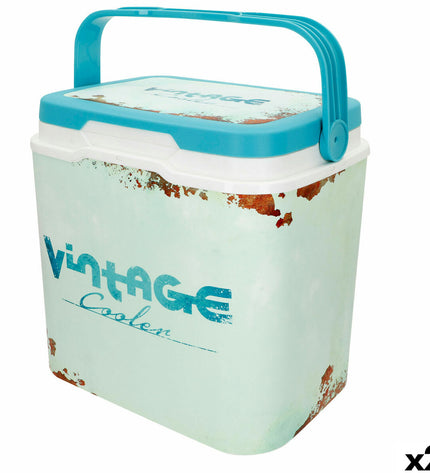 Two Aktive blue plastic portable hard coolers, 24L capacity, ideal for outdoor camping and sports, measuring 37x35x27 cm.