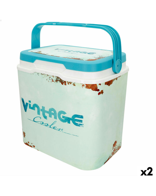 Two Aktive blue plastic portable hard coolers, 24L capacity, ideal for outdoor camping and sports, measuring 37x35x27 cm.